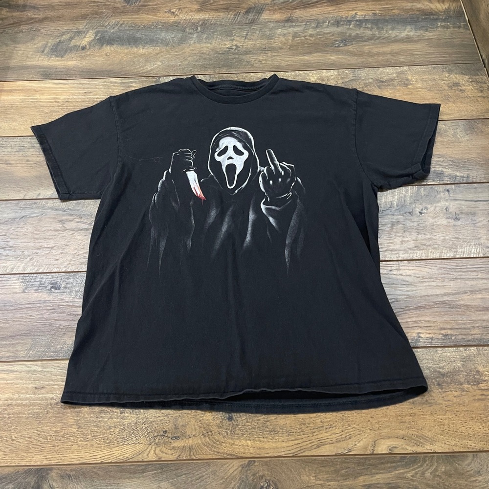 Ghostface Scream Movie Graphic T-Shirt Black Horror Slasher Middle Finger Tee M